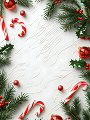 Festive Christmas border with candy canes, ornaments, and holly on white wood.