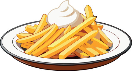 French fries with mayonnaise on plate, delicious fast food illustration