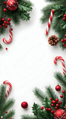 Festive Christmas border with ornaments, candy canes, and greenery on white background. (2)