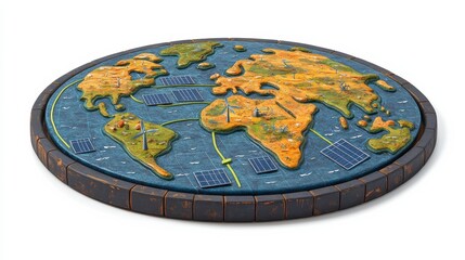 Fototapeta premium Detailed 3D Map of the World Featuring Solar Panels and Sustainable Energy Symbols for Environmental Awareness and Educational Purposes