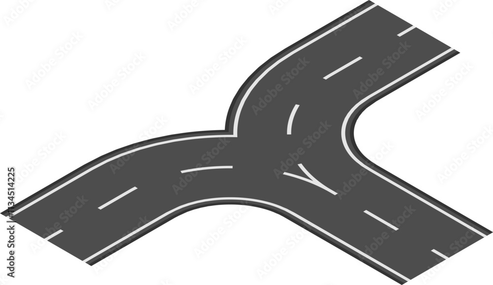 Poster y shaped highway intersection joining two curved roads with white dashed lines on dark gray asphalt,