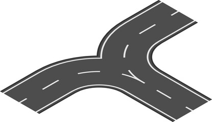 Y shaped highway intersection joining two curved roads with white dashed lines on dark gray asphalt, creating a fork in the road symbolizing choices and decisions