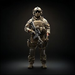 Tactical Soldier in Full Combat Gear with Rifle Posed Against Dark Background, Showcasing Military Readiness and Modern Warfare Equipment