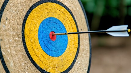 Close-Up of Arrow Striking Center of Archery Target with Bright Colors, Focus on Precision and Skill in Outdoor Archery Practice