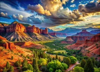 Majestic Utah red rock canyons blaze under a vibrant blue sky, a scenic American Southwest panorama.