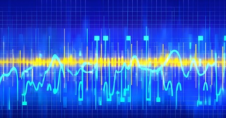 glowing digital waveforms fluctuating in sync with a pulsating grid background, representing the heartbeat of artificial intelligence