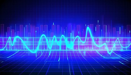 Fototapeta premium glowing digital waveforms fluctuating in sync with a pulsating grid background, representing the heartbeat of artificial intelligence