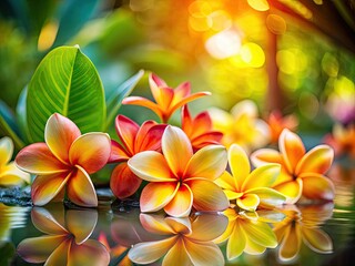 Fototapeta premium Miniature floral paradise: vibrant orange frangipani and sunshine-yellow plumeria bloom.