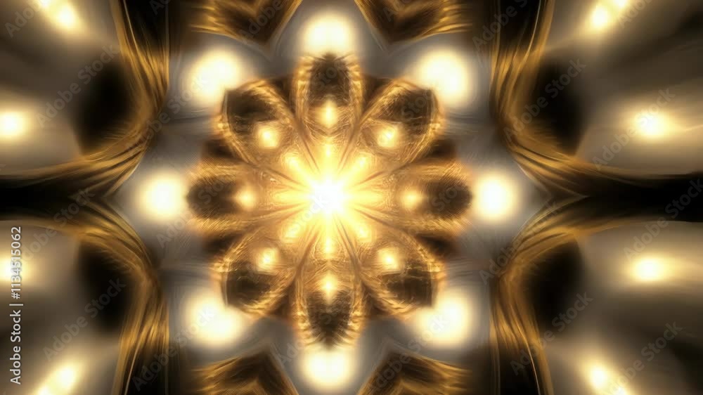 Poster bright golden kaleidoscope pattern with radiant light at the center creating mesmerizing visual effe