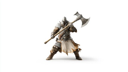 Fototapeta premium Detailed Character Illustration of a Medieval Warrior in Armor, Brandishing a Large Double-Edged Axe with a Fierce Stance Against a Plain Background