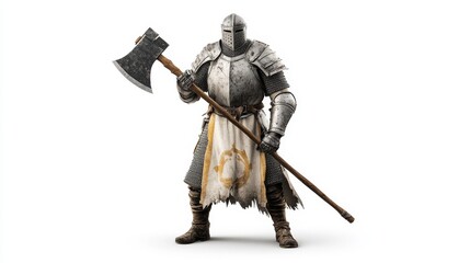 Warrior in Armor Holding a Battle Axe Stands Ready for Combat, Showcasing Medieval Equipment and Bold Stature in a Minimalist Background