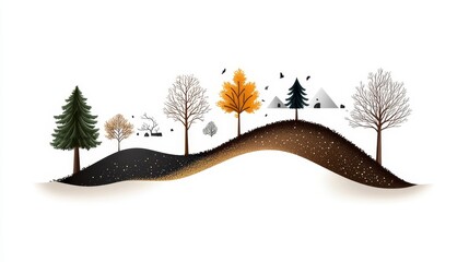 Serene Landscape Illustration Featuring Stylized Trees, Seasonal Changes, Rolling Hills, and Minimalist Houses in a Tranquil Nature Setting