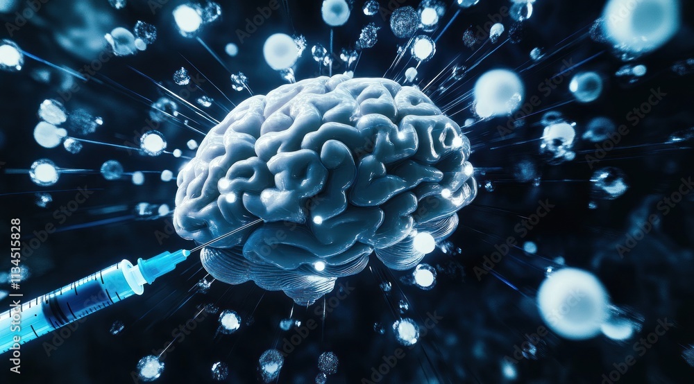 Poster syringe injecting glowing particles into a brain.