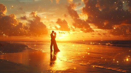 Couple embracing at sunset beach romantic nature scene serene view