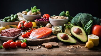 Nourishing Health: A vibrant spread of fresh, wholesome foods, including salmon, avocados, vegetables, and grains, showcasing a balanced and nutritious diet.  