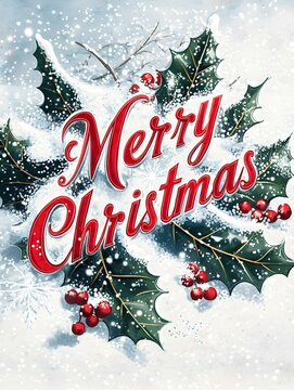 Merry Christmas Card with Holly Leaves and Berries on a snowy Background