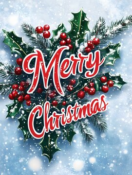 Merry Christmas Card with Holly Leaves and Berries on a snowy Background