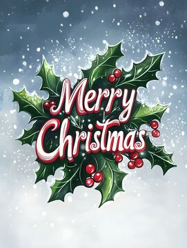 Merry Christmas Card with Holly Leaves and Berries on a snowy Background