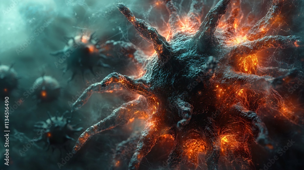 Poster menacing virus particle surrounded by glowing web of infection symbolizing pandemic interconnectedne