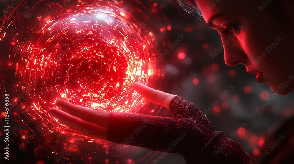 Poster futuristic hacker unleashing a glowing red digital virus infecting a cybernetwork symbolizing techno