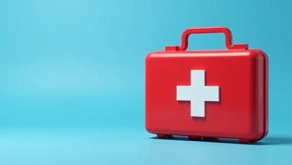 Obraz premium red first aid kit sits blue background empty space creative generative ai content generation