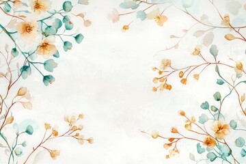 A soft white background with branches of turquoise and soft amber flowers, delicate lines of golden yellow and muted teal, watercolor style with detailed and subtle shades, high resolution, 