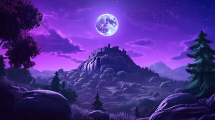 Naklejka premium Majestic castle on a hilltop under a large purple moon at night.