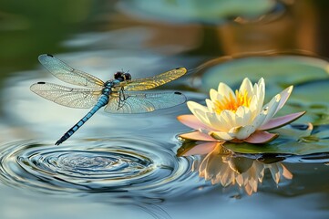 A tranquil macro shot of a blue dragonfly hovering over a pond with ripples near a blooming white water lily, bathed in warm golden sunlight, showcasing the beauty of nature's details.
