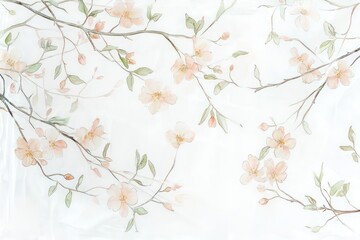 A soft white canvas with subtle branches covered in light pink and light green floral elements, delicate pale peach accents with intricate linework, detailed watercolor strokes, high resolution