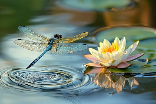 A tranquil macro shot of a blue dragonfly hovering over a pond with ripples near a blooming white water lily, bathed in warm golden sunlight, showcasing the beauty of nature's details.
