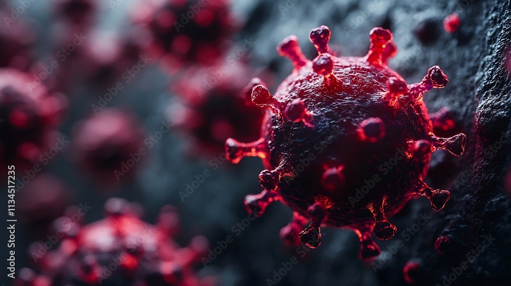 Poster virus warning on computer interface with spreading digital particles symbolizing cybersecurity needs