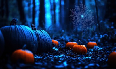 A spooky, blue-toned Halloween night in a dark forest, with pumpkins scattered across the ground and a spider spinning its web in the shadows. The atmosphere is filled with suspense and mystery.