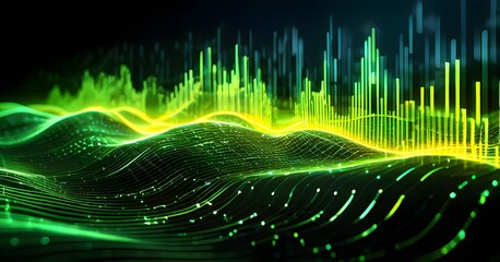 glowing digital waveforms fluctuating in sync with a pulsating grid background, representing the heartbeat of artificial intelligence
