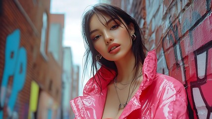Naklejka premium Urban fashion portrait of model in graffiti alley street style candid