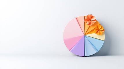 Obraz premium Colorful paper pie chart decoration showcasing various segments with delicate flower embellishments against a clean, minimalist background