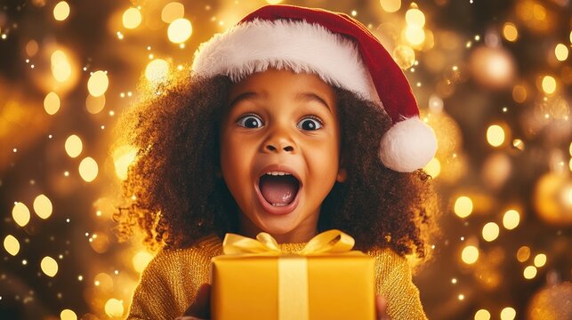 Excited african child with gift box in festive holiday setting. Happy New Year. Merry Christmas