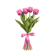 Fototapeta premium Beautiful bouquet of pink tulips with ribbon. transparent background