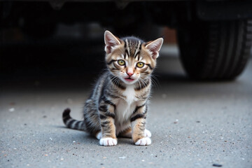 Fototapeta premium Young kitten with stripes on pavement looking at camera
