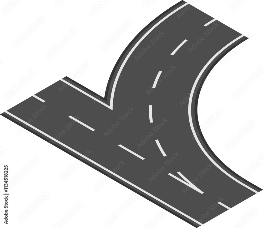 Poster isometric projection depicting a right turning road intersecting another road, featuring dashed and 