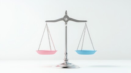 Silver Balance Scale with Pink and Blue Bowls Representing Equality and Justice in Modern Design Aesthetics Displayed on Minimalist Background