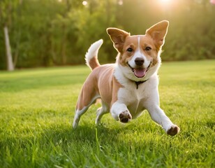 golden retriever puppy playing in the park on the grass in cheerful mood