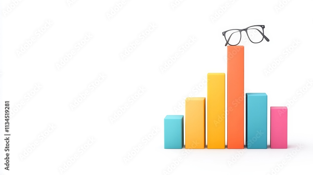 Poster colorful bar graph with glasses representing data analysis and business growth in a modern business 