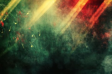 A textured grunge abstract background with dark green, red, and yellow hues. Light beams and musical notes dance through the smoke, with a vintage film grain effect. A blurry, atmospheric 