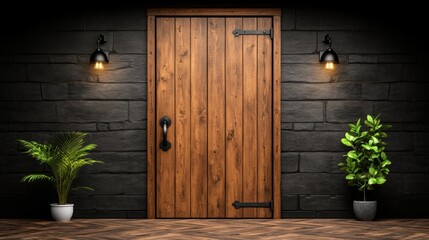 Stunning large wooden door with metal accents - modern interior photo at eye-level perspective