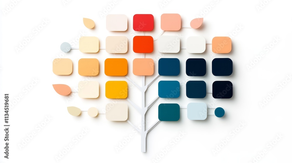 Poster abstract representation of a tree using color blocks to symbolize diversity, seasons, and growth, sh