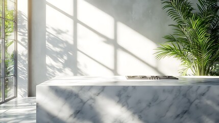 Modern Kitchen Interior with Marble Countertop and Palm Tree