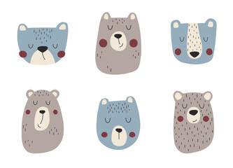 Wild bears hand drawn set. Bear head illustrations for greeting cards, kids clothes, posters and stickers. Forest animal bear vector illustration.