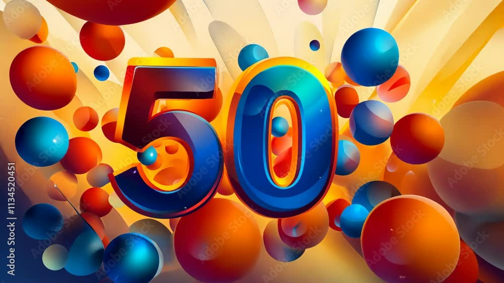 Poster colorful abstract design featuring the number fifty amidst vibrant spheres and dynamic shapes in a c