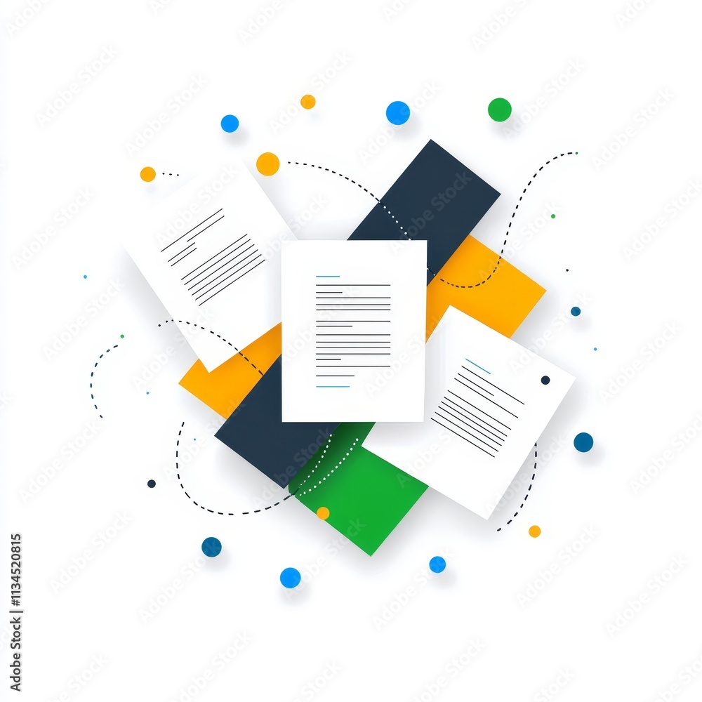 Poster abstract representation of scattered documents and colorful geometric shapes, symbolizing creativity