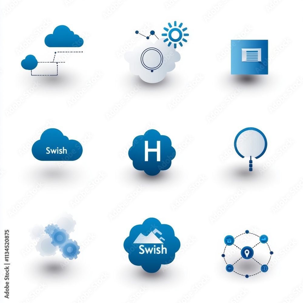 Aufkleber modern set of blue icons representing cloud computing, data processing, technology solutions, and di